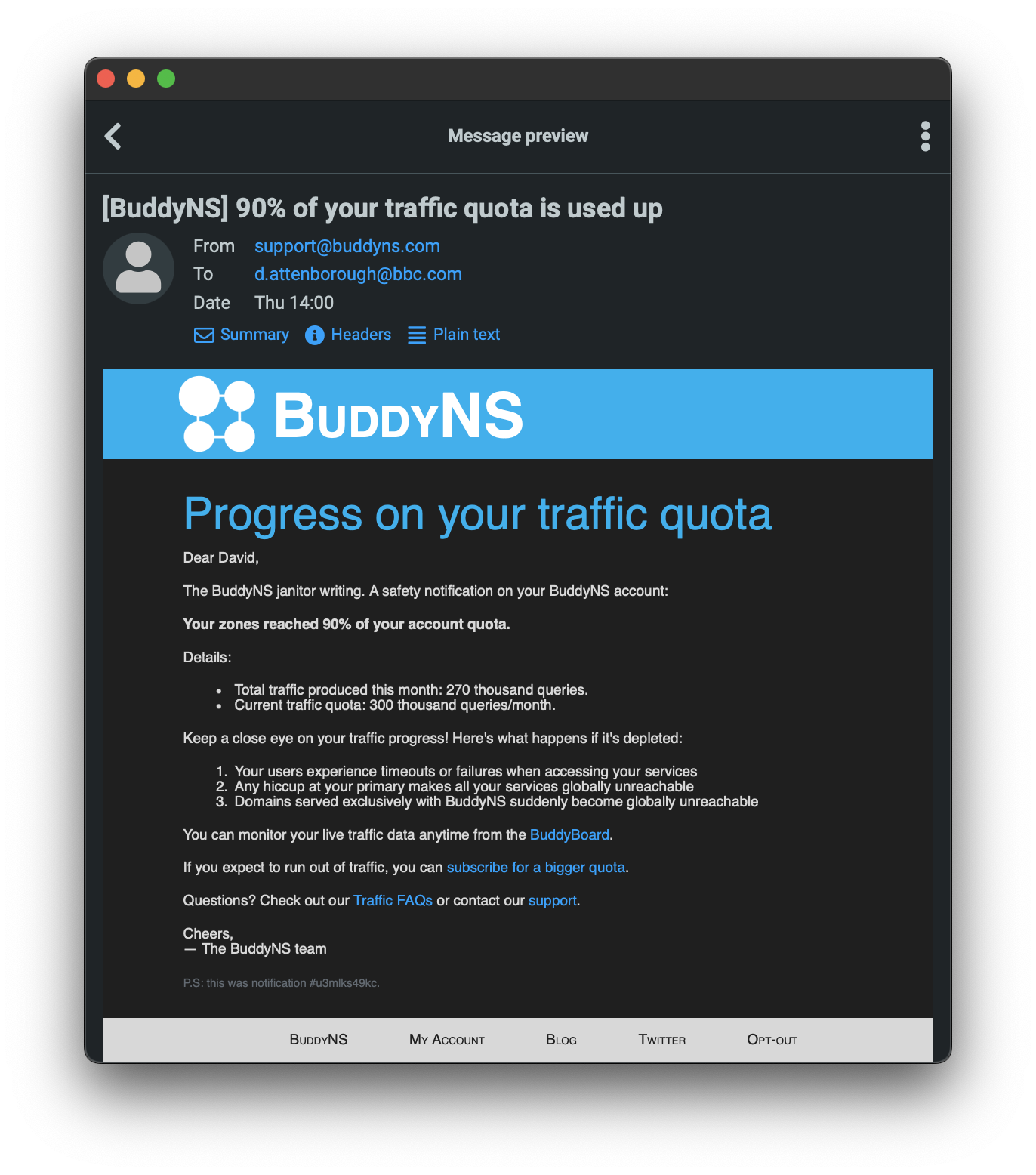 Example of a notification email sent with tattler